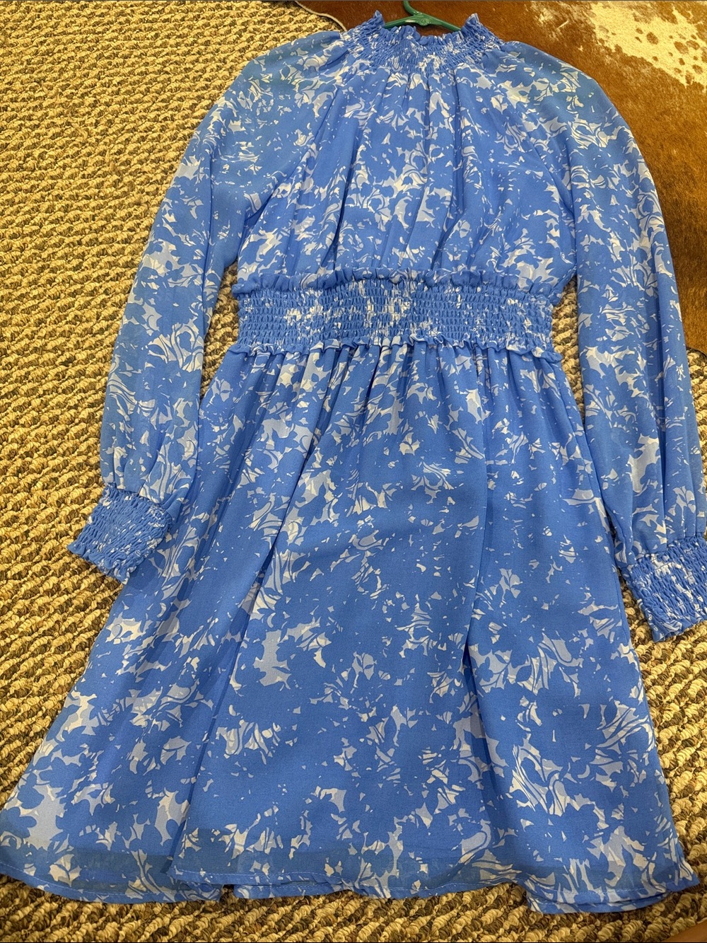 Halogen Blue Floral Long-Sleeve Smocked-Waist Dress